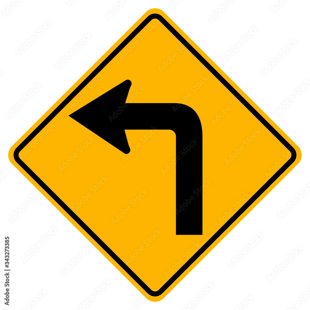 Warning signs Sharp curve to left on white background Warning signs Sharp curve to left on white background