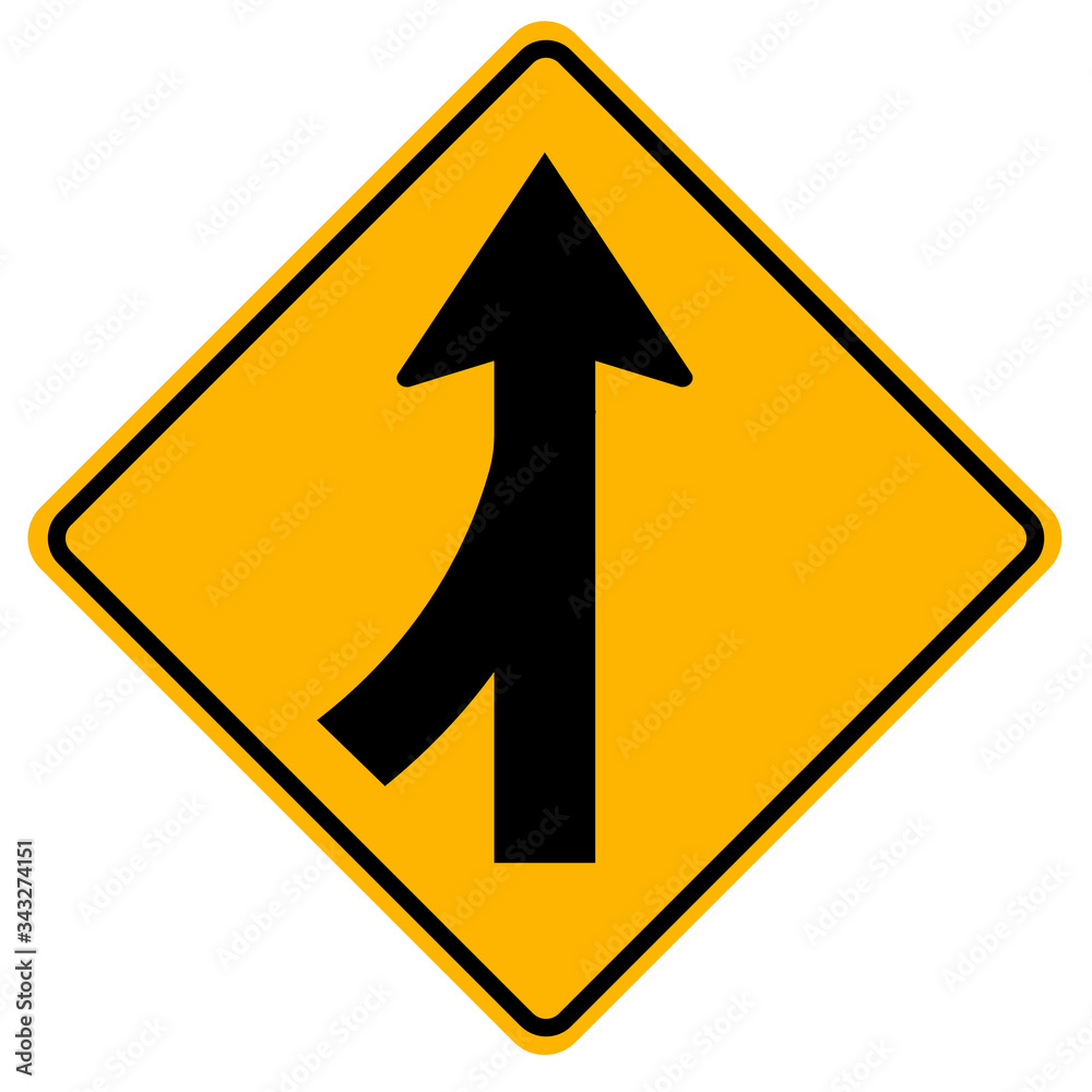 Warning signs Merging traffic, watch for cars from the left on white background Warning signs Merging traffic, watch for cars from the left on white background