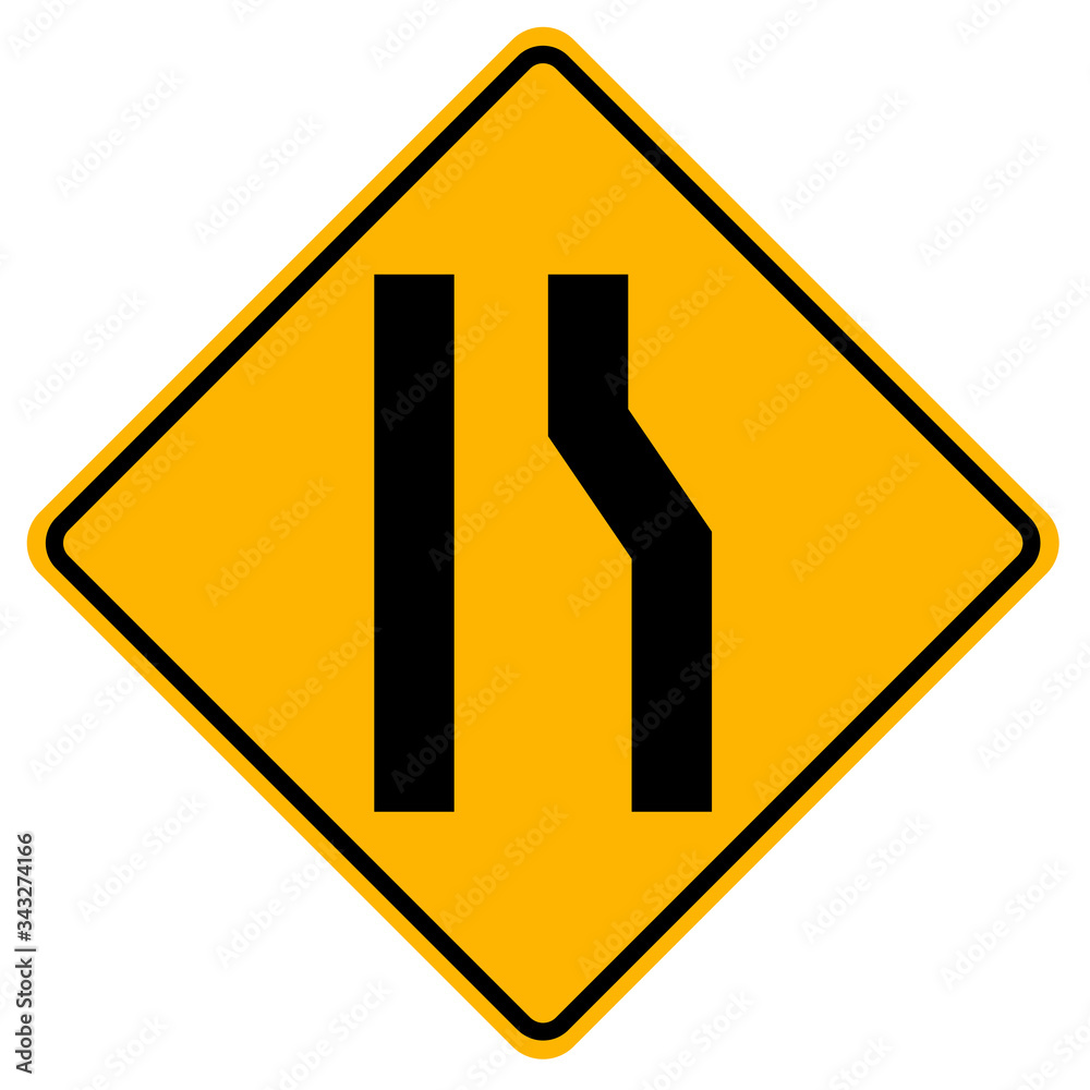 Warning signs Road narrows on right side on white background Warning signs Road narrows on right side on white background