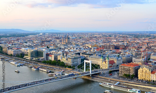 Budapest / Hungary, August 16, 2018: Postcard view of Budapest - the most beautiful city in Hungary with a view of the largest Danube river in Europe. Bird's-eye view