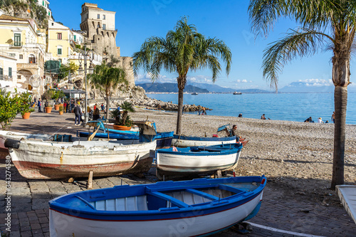 Fototapeta Naklejka Na Ścianę i Meble -  Colorful fishing boats at Cetara beach, a small town on the Amalfi Coast famous for the “colatura di alici” fish sauce, Campania, Italy