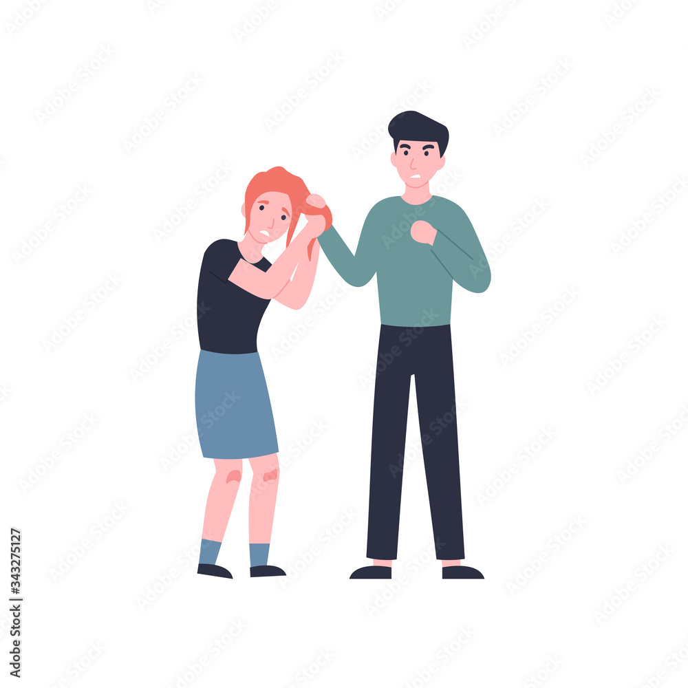 Evil guy holds the girl by the hair and beats her, domestic violence. Man pull hair.Flat vector cartoon modern illustration. Evil guy holds the girl by the hair and beats her, domestic violence. Man pull hair.Flat vector cartoon modern illustration.