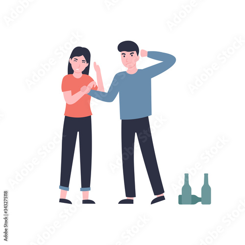 Domestic violence. Drunk husband beats his wife. Flat vector cartoon modern illustration.