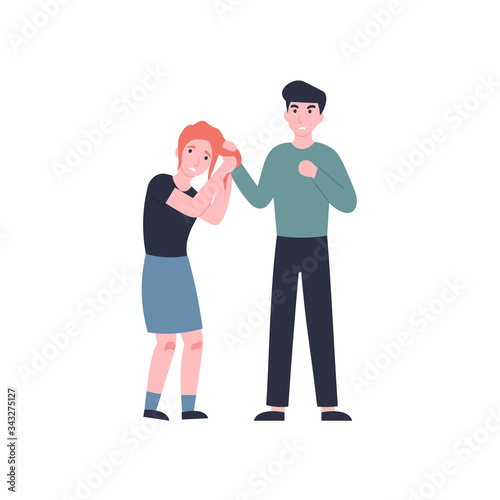Evil guy holds the girl by the hair and beats her, domestic violence. Man pull hair.Flat vector cartoon modern illustration.