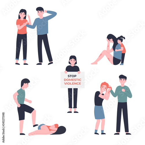 Guy kicks girl, domestic violence. Woman lies on the floor and cries. Young man beats his girlfriend. Flat vector cartoon modern illustration.