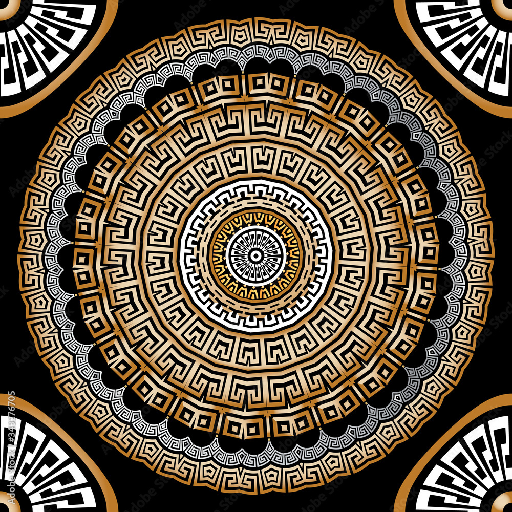 Greek vector seamless mandalas pattern Ethnic style abstract flower. Greek key, meanders beautiful ornament. Decorative  geometric modern design. Circle frames, border, shapes, lines. Endless texture