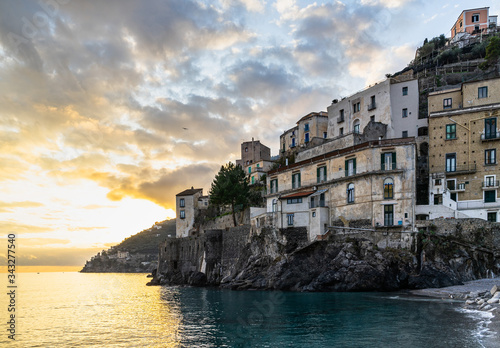 The typical village of Minori overlooking the Tyrrhenian sea at sunset, Amalfi Coast, Campania, Italy
