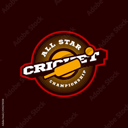 Modern professional Typography cricket sport super hero style vector emblem and template logo design with ball. Funny greetings for clothes, card, badge, icon, postcard, banner, tag, stickers, print.