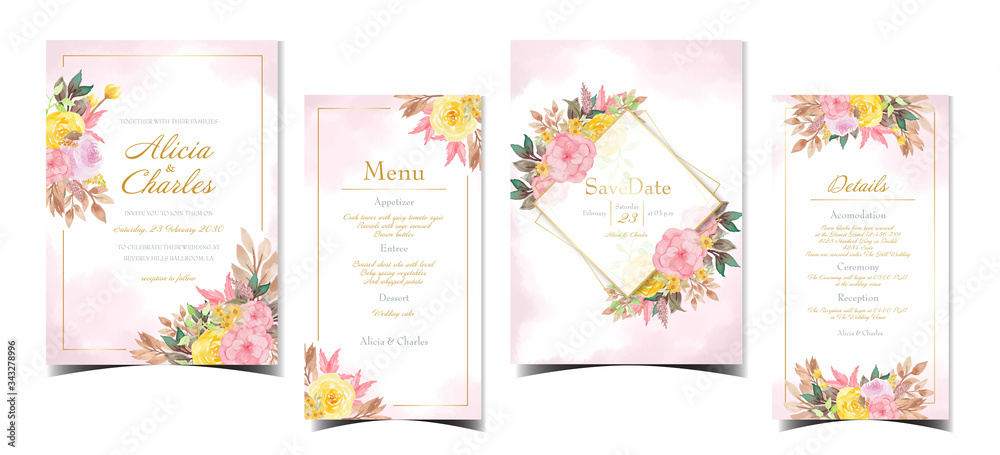 Set of wedding invitation collection with beautiful pink and yellow flowers