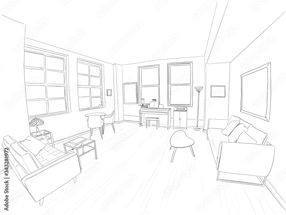 Hand drawn illustration. A beautiful living room in a modern home, with large windows, hardwood floors, and cool furniture. Black and white. Hand drawn illustration. A beautiful living room in a modern home, with large windows, hardwood floors, and cool furniture. Black and white.