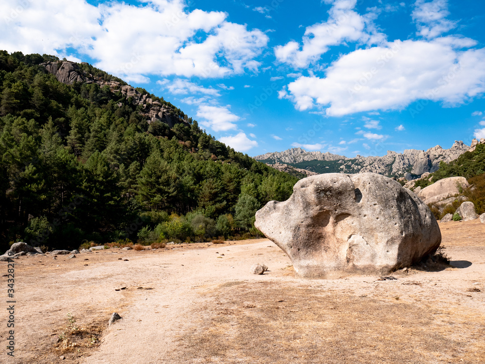 Giant stone in the shape of a giant pig called `El Cerdito` in La Pedriza within the Guadarrama National Park