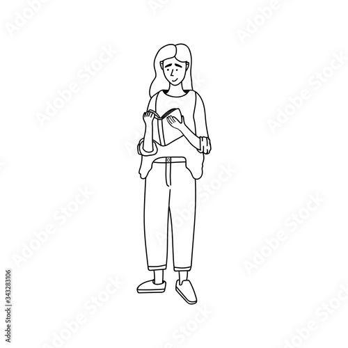 Cute vector hand drawn doodle  woman with book. Stay Home  work in home. Freelance. Online studied. Quarantine positive doodle people. Isolated on white background.
