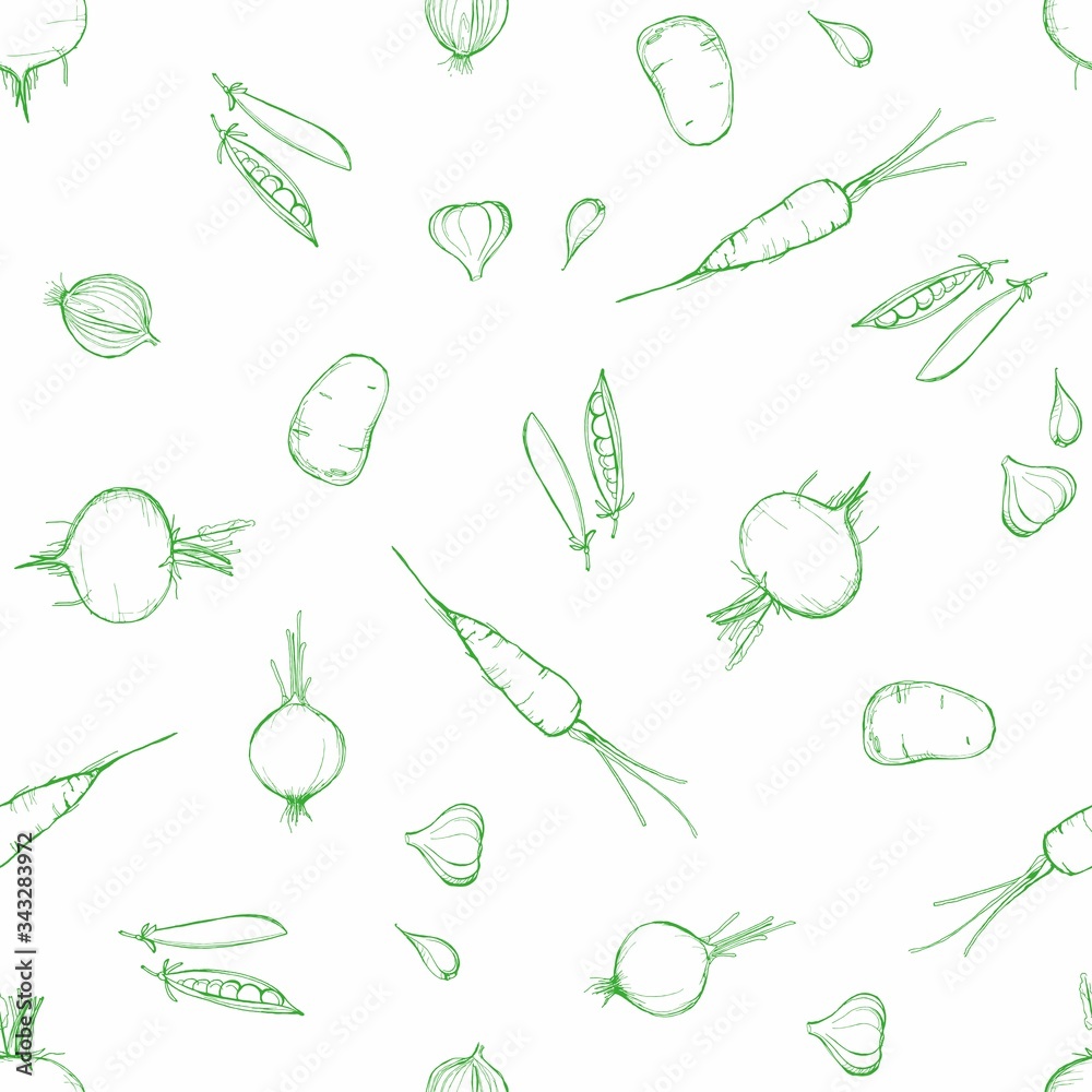 Vector Hand drawn outline seamless pattern with contour carrots, onion, beet, garlic, potato, green peas. Green Monochrome illustration. Vegetables digital paper. Vector Hand drawn outline seamless pattern with contour carrots, onion, beet, garlic, potato, green peas. Green Monochrome illustration. Vegetables digital paper.