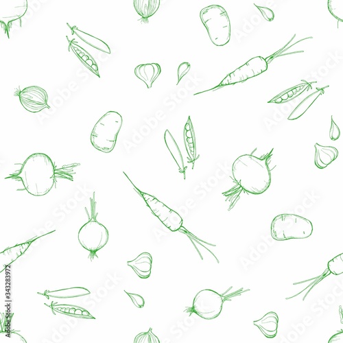 Vector Hand drawn outline seamless pattern with contour carrots, onion, beet, garlic, potato, green peas. Green Monochrome illustration. Vegetables digital paper.