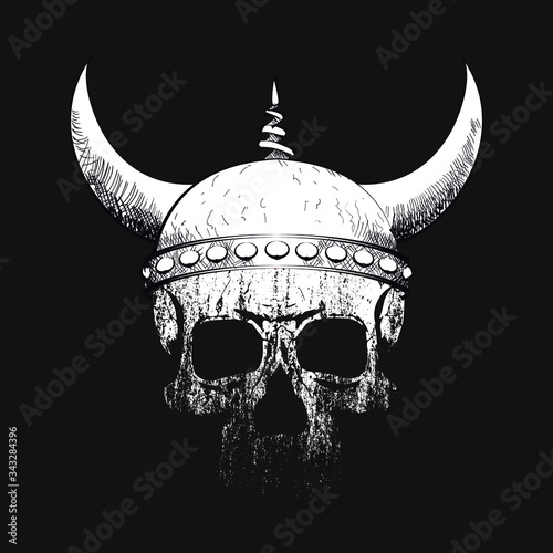 Vector illustration for human skull t-shirt with viking helmet on black background