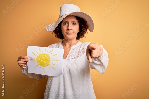Middle age curly woman on vacation holding bunner with sun image over yellow background pointing with finger to the camera and to you, hand sign, positive and confident gesture from the front