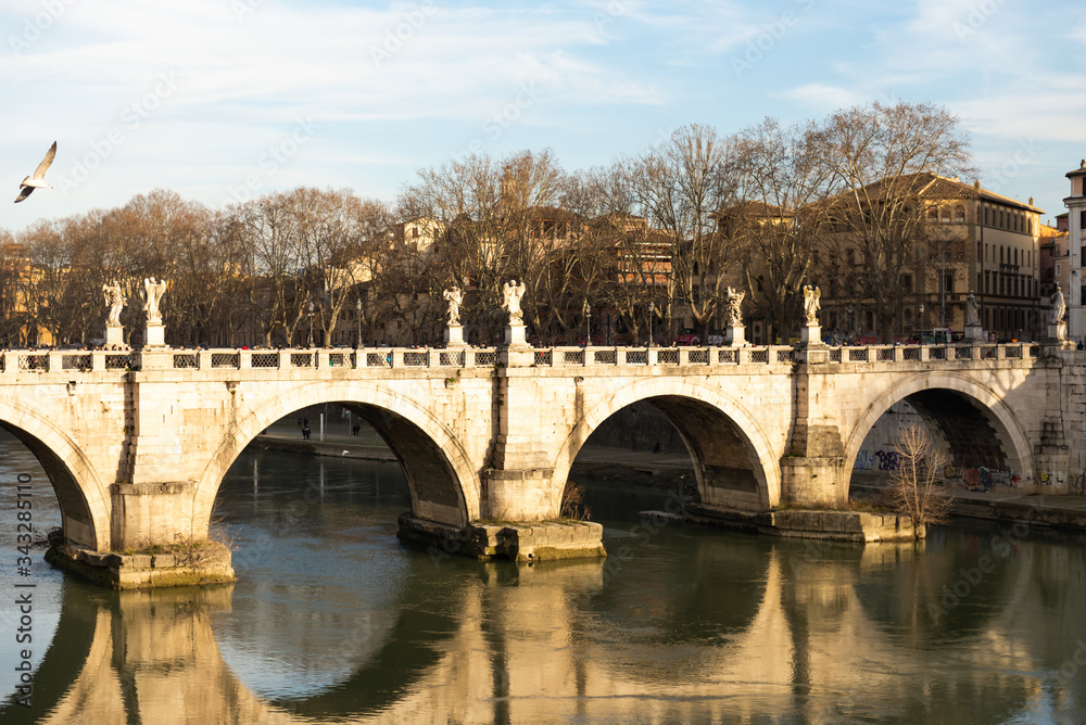 Ponte Sant'angelo. Pedestrian bridge over the Tiber, bridge of the Holy angel. The photo was taken in the spring of 2020.