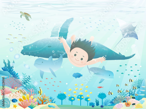 綺麗な海に潜る少年のイラスト