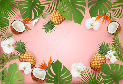 Summer tropical background with palm leaves and flowers and a exotic fruit. Vector