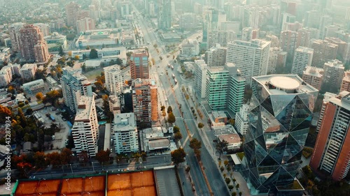Aerial view of the streets and buildings at Santiago de Chile showing huge urban highway and tall modern buildings