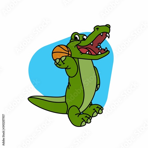 Illustration of Crocodile Stands While Holding a Basketball Cartoon, Cute Funny Character, Flat Design