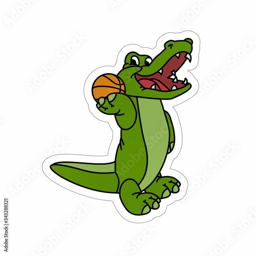 Stickers of Crocodile Stands While Holding a Basketball Cartoon, Cute Funny Character, Flat Design