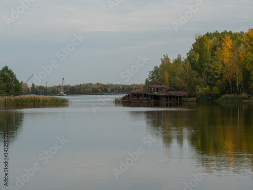 Abandoned bay on the lake in Pripyat in Chernobyl Exclusion Zone. Ukraine.