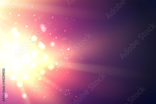 Bright fire sparks over deep ultraviolet space background. Cosmic sunrays for futuristic travel design. Vector illustration.