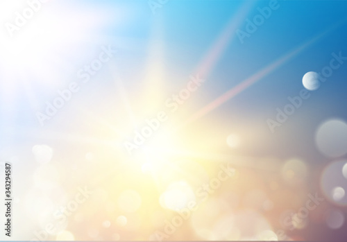 Blue bokeh with sun glow on abstract light background. Vector illustartion.