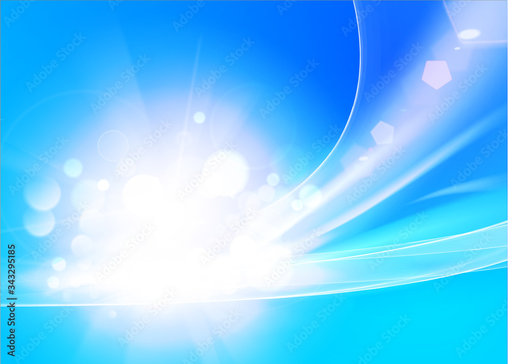 Colorful smooth light lines background. Shiny sunburst of sunbeams on blue lights backdrop. Bokeh and lens flare on light blue background.