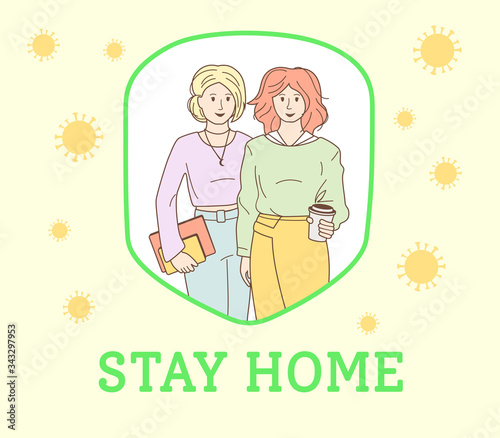 Virus in air, stop coronavirus, prevention covid 19. Self isolation, quarantine due to epidemic. Family staying at home in self quarantine. Stay safe. Global viral epidemic. Vector illustration
