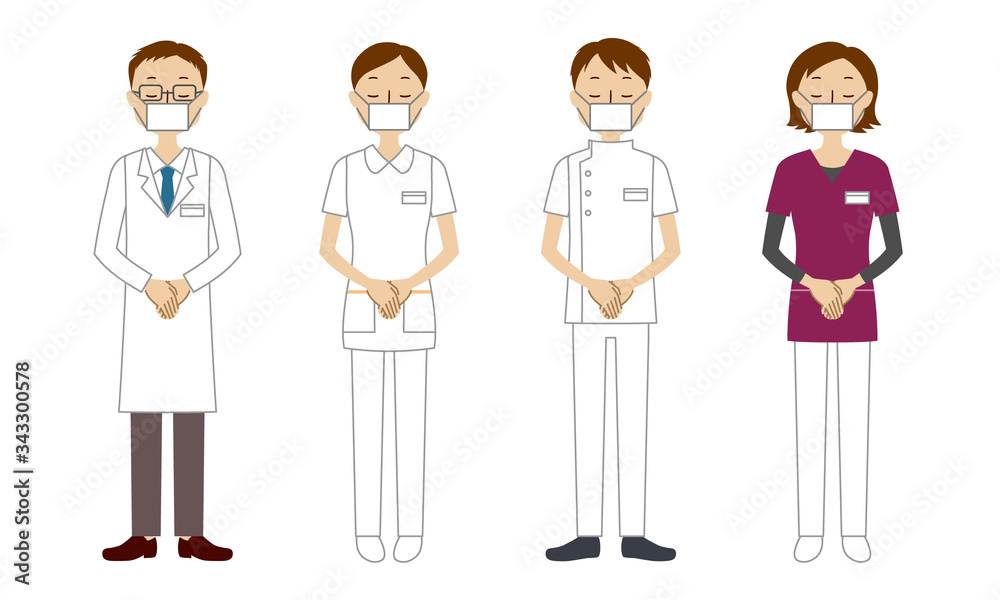 Illustration set of healthcare workers bowing (doctor, nurse, physiotherapist, radiologist) Illustration set of healthcare workers bowing (doctor, nurse, physiotherapist, radiologist)