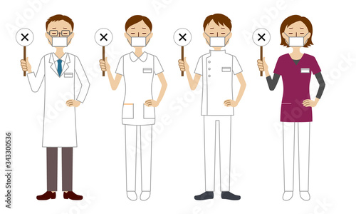 Illustration set of healthcare workers (doctors, nurses, physiotherapists, radiologists) with wrong sign