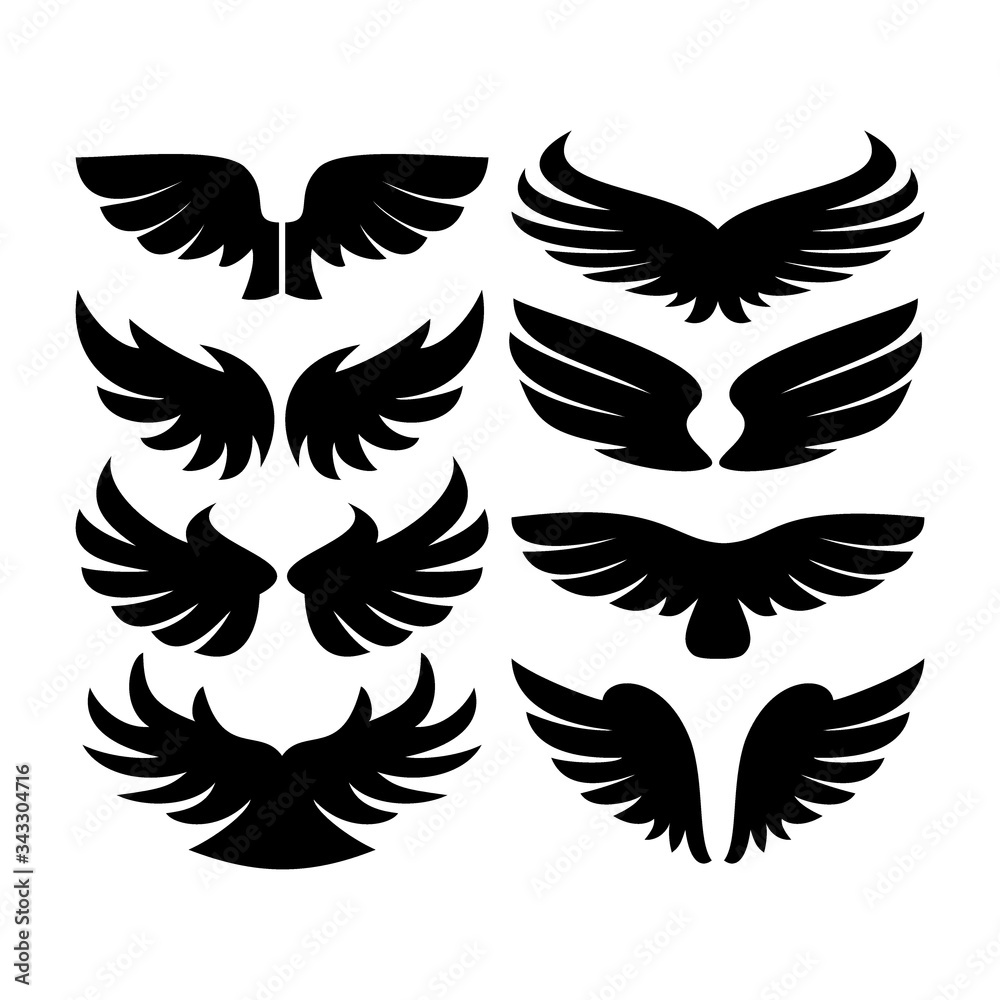 Vector wings icon set. Bird or angel wing silhouette illustration design feather Vector wings icon set. Bird or angel wing silhouette illustration design feather