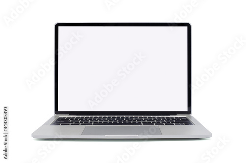 Front view of Open laptop computer. Modern thin edge slim design. Blank white screen display for mockup and gray metal aluminum material body isolated on white background with clipping path.