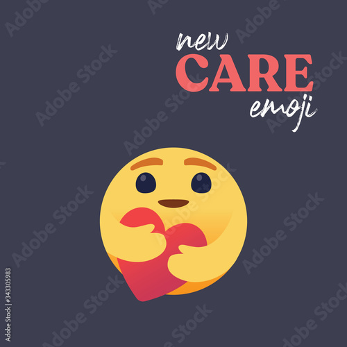 Care emoji with large big eyes hugging a heart with both hands. Symbol of care and support, show love for loved ones who are a long distance.