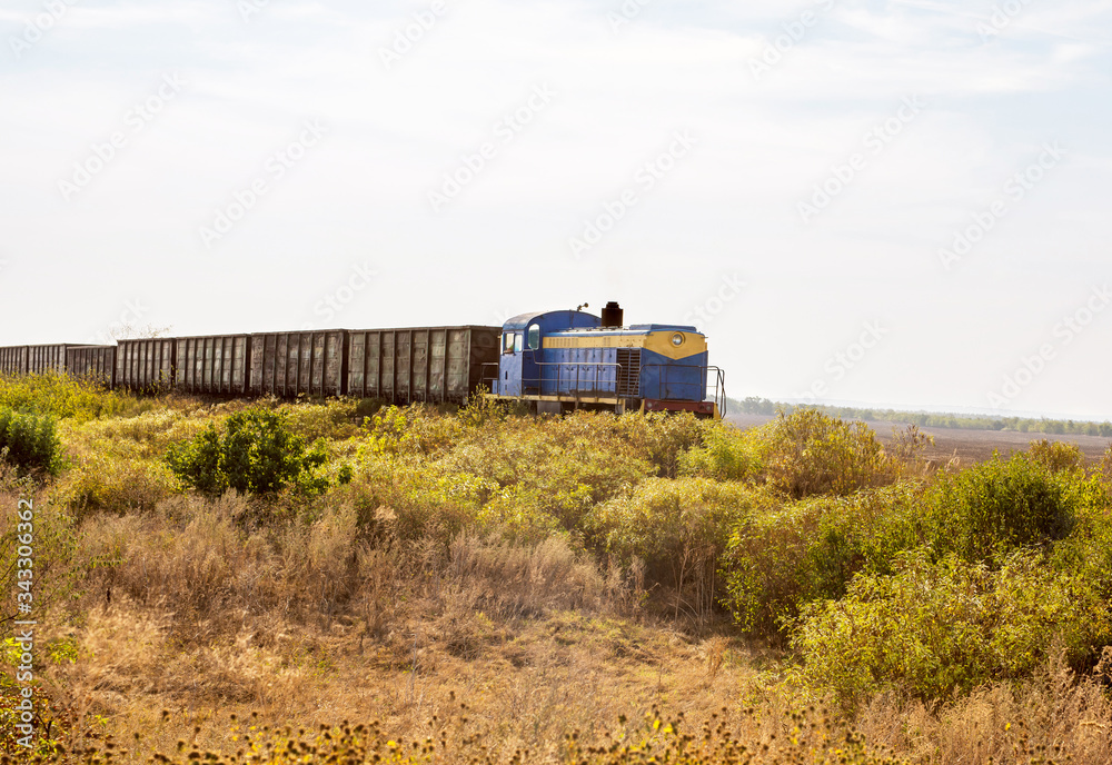 Diesel locomotive with freight cars on a field background with green grass Diesel locomotive with freight cars on a field background with green grass