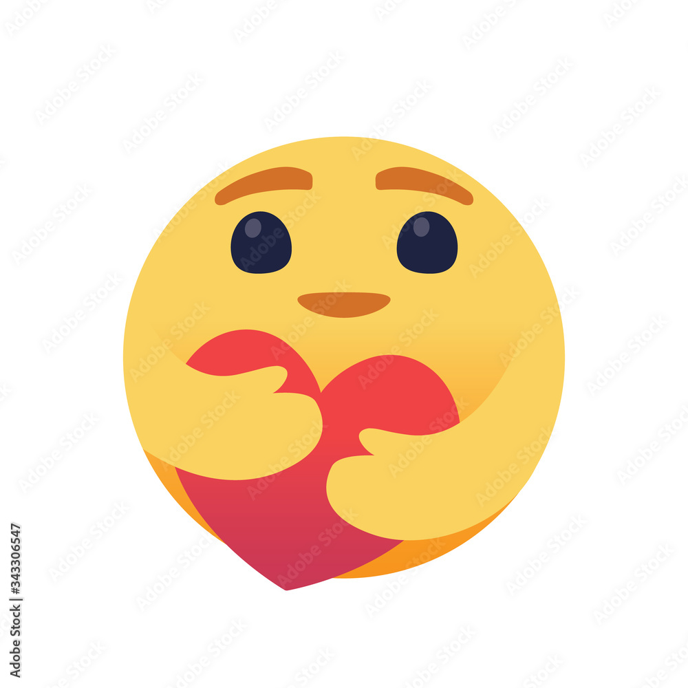 Fototapeta premium Care emoji with large big eyes hugging a heart with both hands. Symbol of care and support, show love for loved ones who are a long distance.