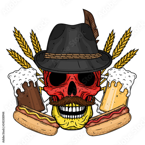 Illustration for oktoberfest. Skull in Tyrolean hat, with ears of wheat and glass of beer.