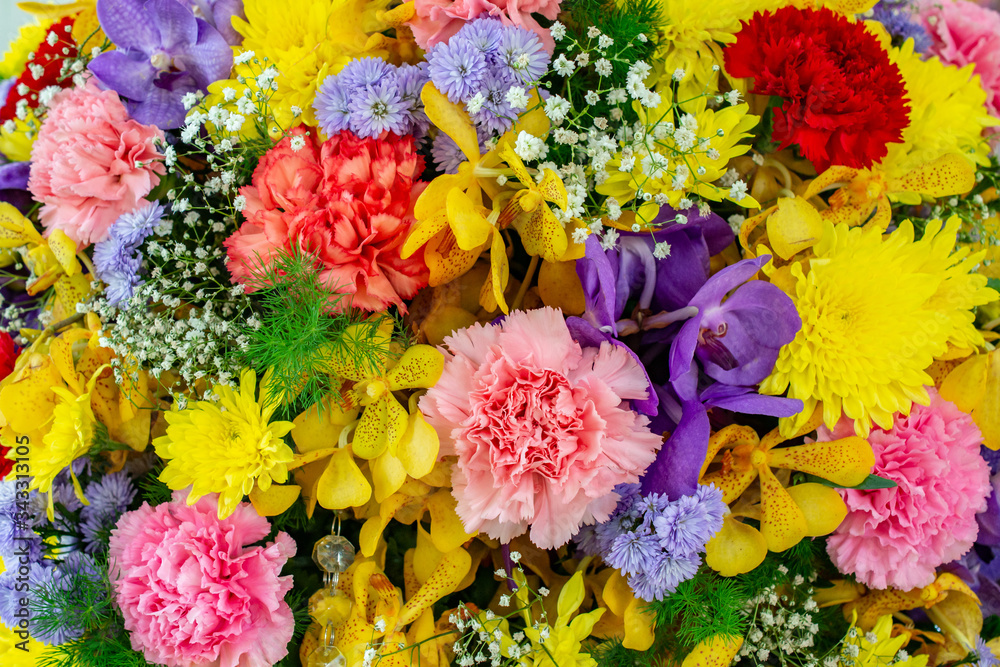 Abstract background with bunches of different varieties of colourful flowers. Flowers have long been admired and used by humans to bring beauty to their environment.