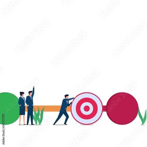 Man push target to last checkpoint metaphor of progress. Business flat vector concept illustration.
