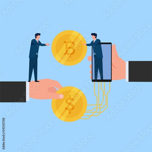 Man receive bit coin for dollar coin exchange metaphor of online saving and investment.. Business flat vector concept illustration.