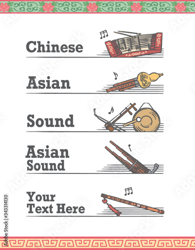 Music themed vector labels with chinese musical instruments. photo