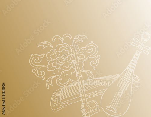 Music themed background with chinese musical instruments and peony flower.