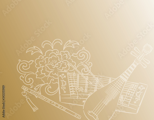Music themed background with chinese musical instruments and peony flower.