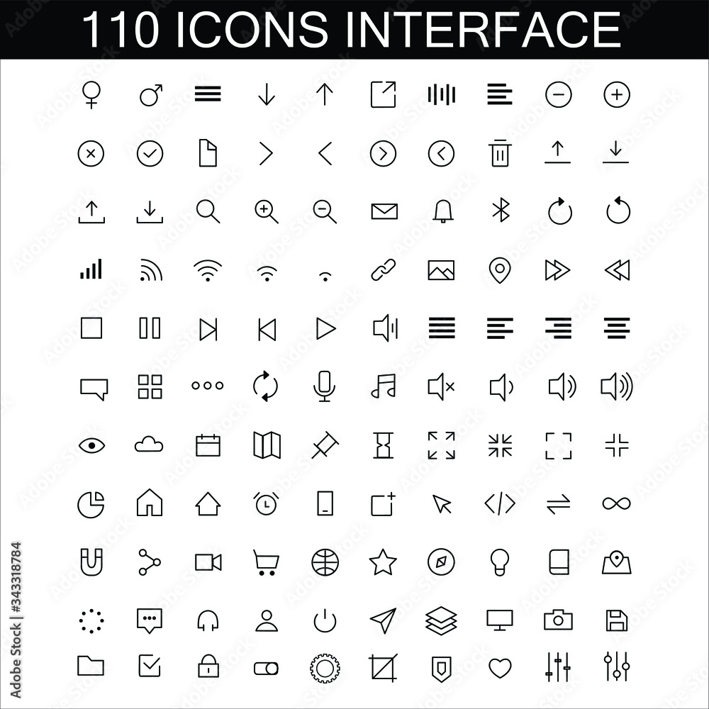 Set Pack of 110 user interface icons described for mobile and web devices