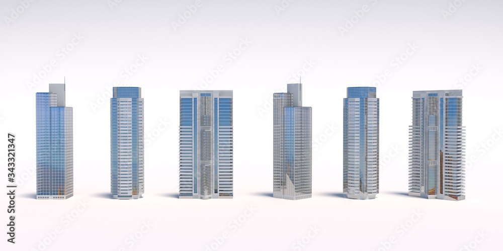 Set of different skyscraper buildings isolated on white. 3d illustration Set of different skyscraper buildings isolated on white. 3d illustration