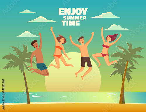 Group of happy, young people jumping on a sandy beach. Travel, vacation, holidays and adventure vector concept illustration. Beach sunset background. Poster design style