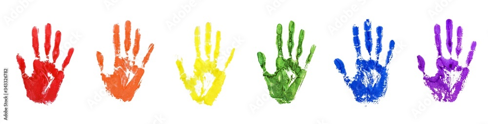 Hand print set in LGBTQ community rainbow flag color on white background isolated closeup, handprint diversity illustration collection, LGBT pride symbol, gay, lesbian etc love sign, identity concept Hand print set in LGBTQ community rainbow flag color on white background isolated closeup, handprint diversity illustration collection, LGBT pride symbol, gay, lesbian etc love sign, identity concept