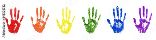 Hand print set in LGBTQ community rainbow flag color on white background isolated closeup, handprint diversity illustration collection, LGBT pride symbol, gay, lesbian etc love sign, identity concept